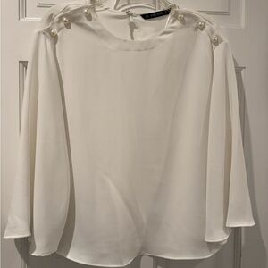 Zara White and Cream Ruffled Bell Sleeve Blouse